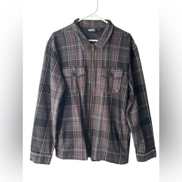 Vans Men’s Flannel Shirt  Zipper Jacket Size Large Black/Grey/Red Stripe - Picture 1 of 6